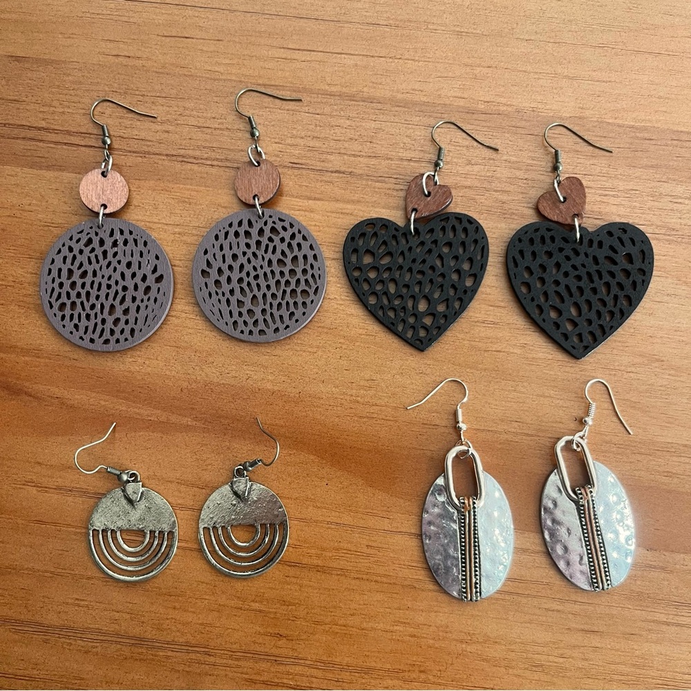 BOGO Four pairs of dangly boho earrings in wood & metal brown black gold silver